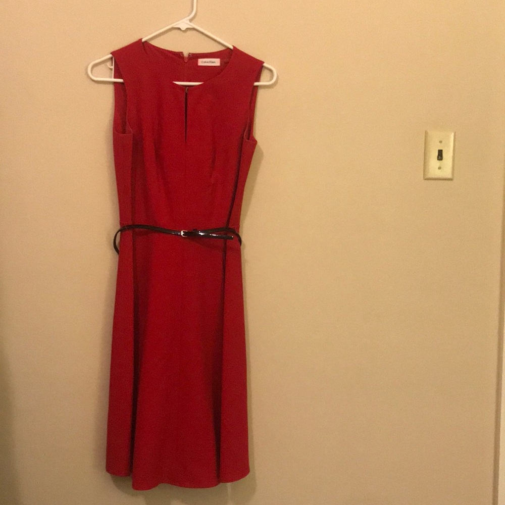 Bright red Calvin Klein dress with keyhole neck